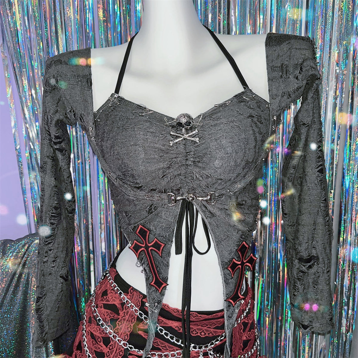 Gothic Grunge Skull & Cross 2-Piece Halter Top & Shrug Set - Edgy Y2K Style for Halloween & Fall
