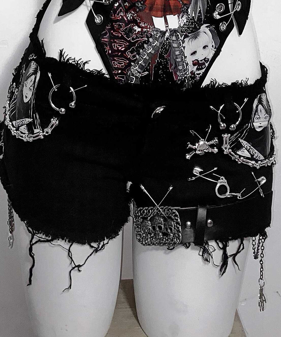 Rebel Spirit Anime Print Safety Pin Bodysuit - Edgy Goth Chain Cami for Fall & Halloween