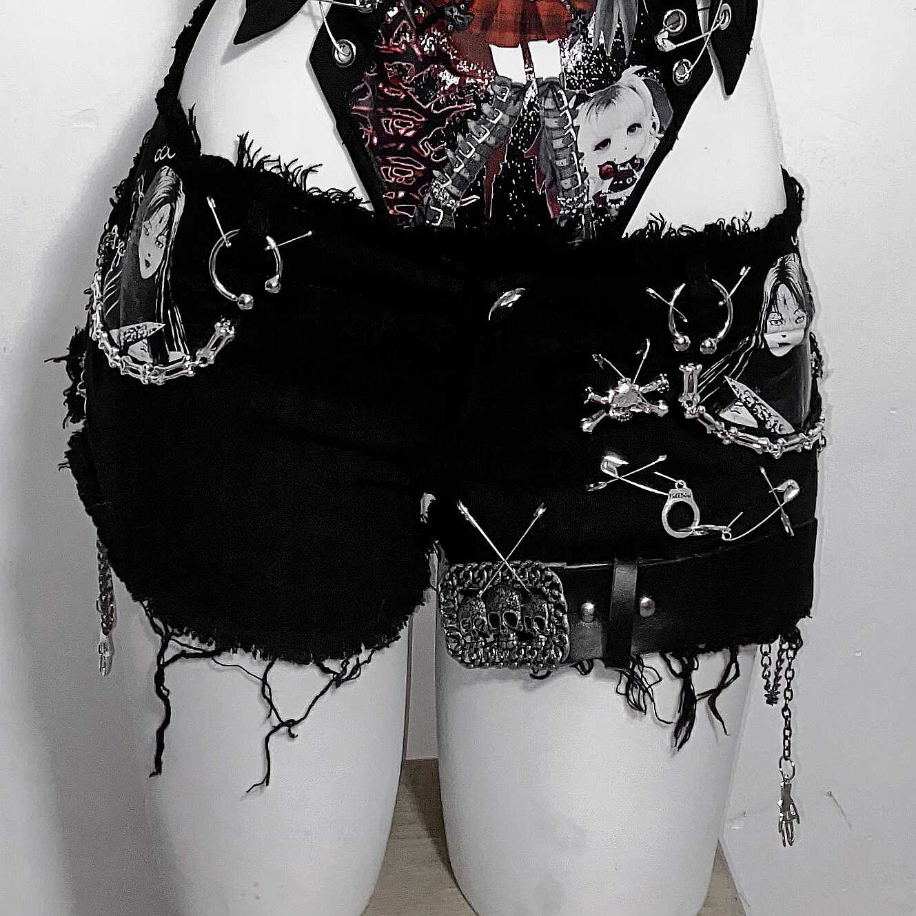 Rebel Spirit Anime Print Safety Pin Bodysuit - Edgy Goth Chain Cami for Fall & Halloween