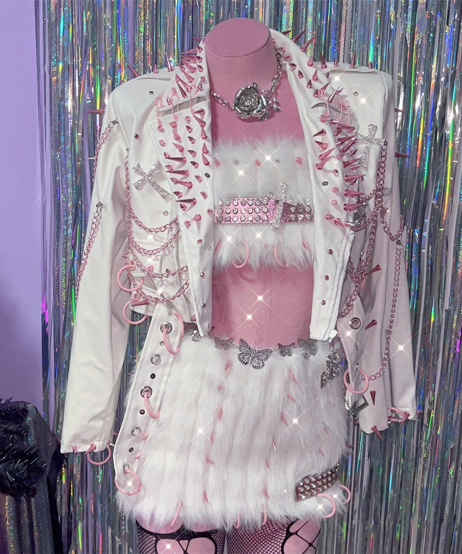Glamorous Spiked Fluffy O-Ring Mini Skirt Set | Y2K Rave & Halloween Ready