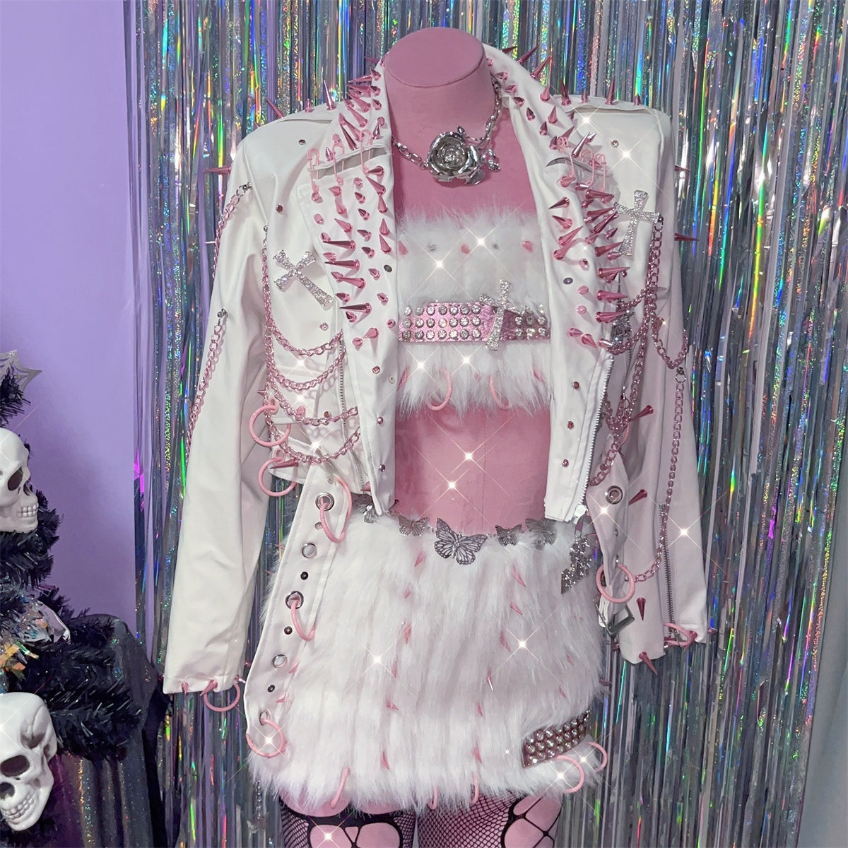 Glamorous Spiked Fluffy O-Ring Mini Skirt Set | Y2K Rave & Halloween Ready