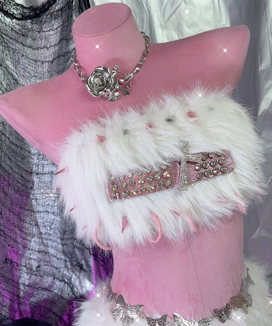 Glamorous Spiked Fluffy O-Ring Mini Skirt Set | Y2K Rave & Halloween Ready