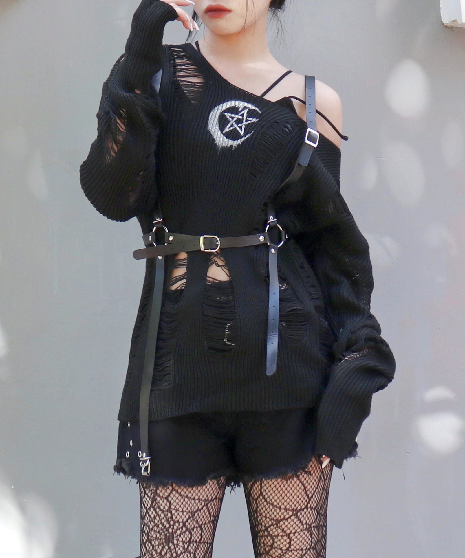 Witchy Moon & Pentagram Distressed Knit Sweater - Edgy Fall Off-Shoulder Top