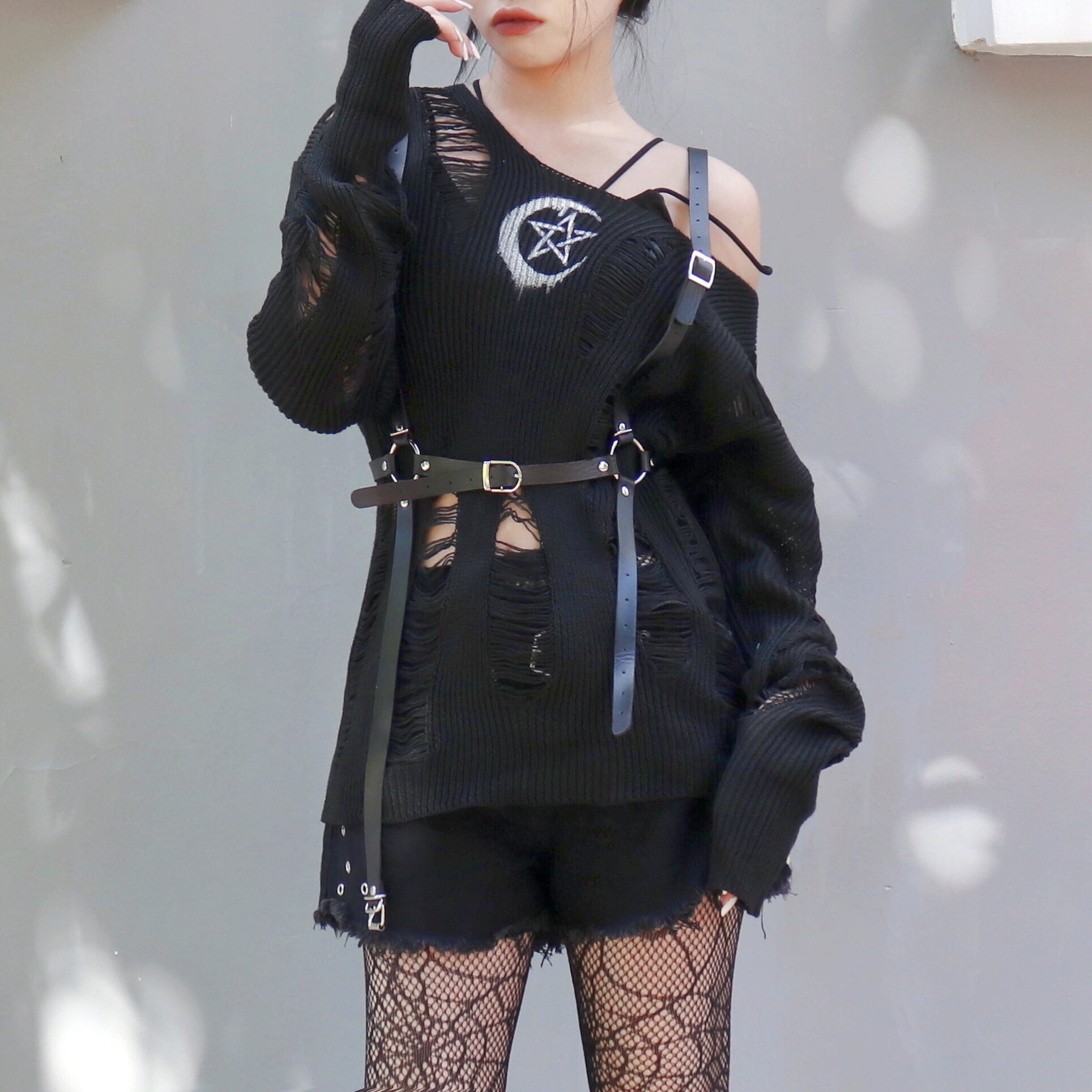 Witchy Moon & Pentagram Distressed Knit Sweater - Edgy Fall Off-Shoulder Top