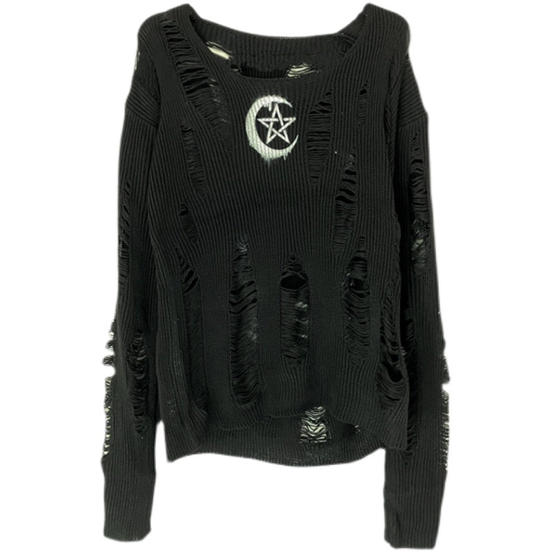Witchy Moon & Pentagram Distressed Knit Sweater - Edgy Fall Off-Shoulder Top