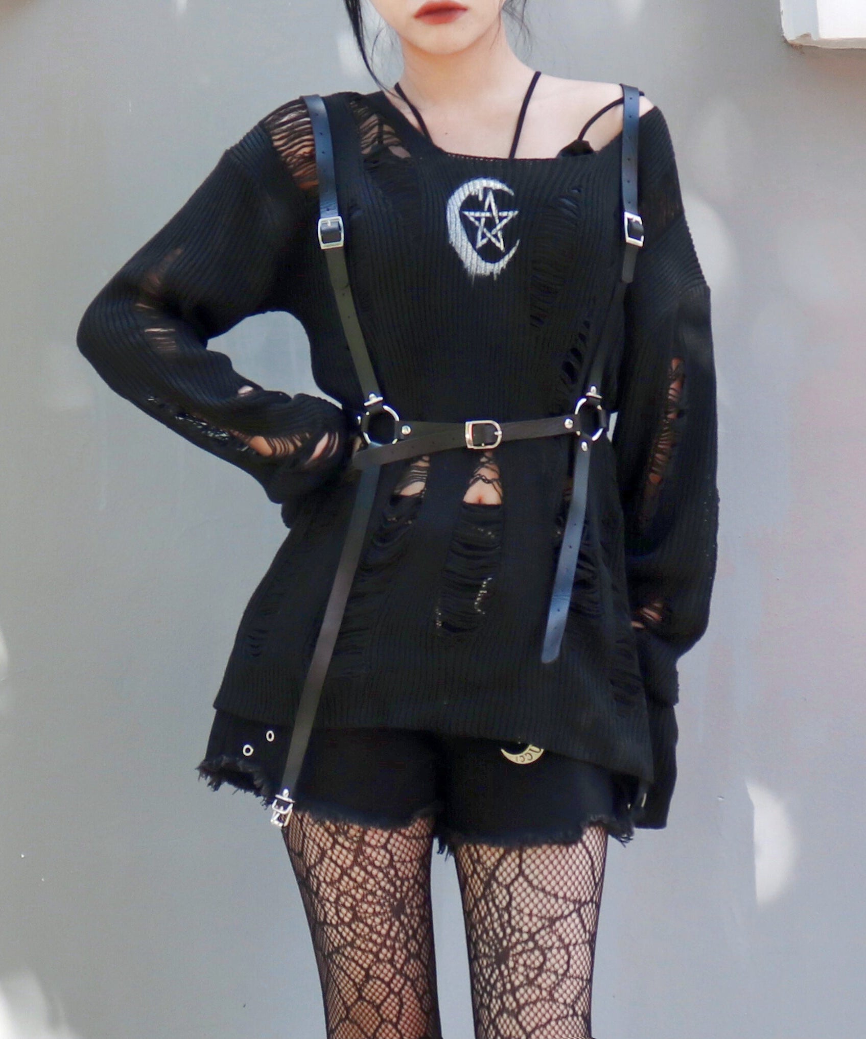 Witchy Moon & Pentagram Distressed Knit Sweater - Edgy Fall Off-Shoulder Top