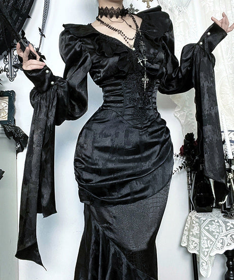 Bewitching Black Gothic Maxi Dress - Dramatic Victorian Ruffle V-Neck for Halloween & Fall Galas