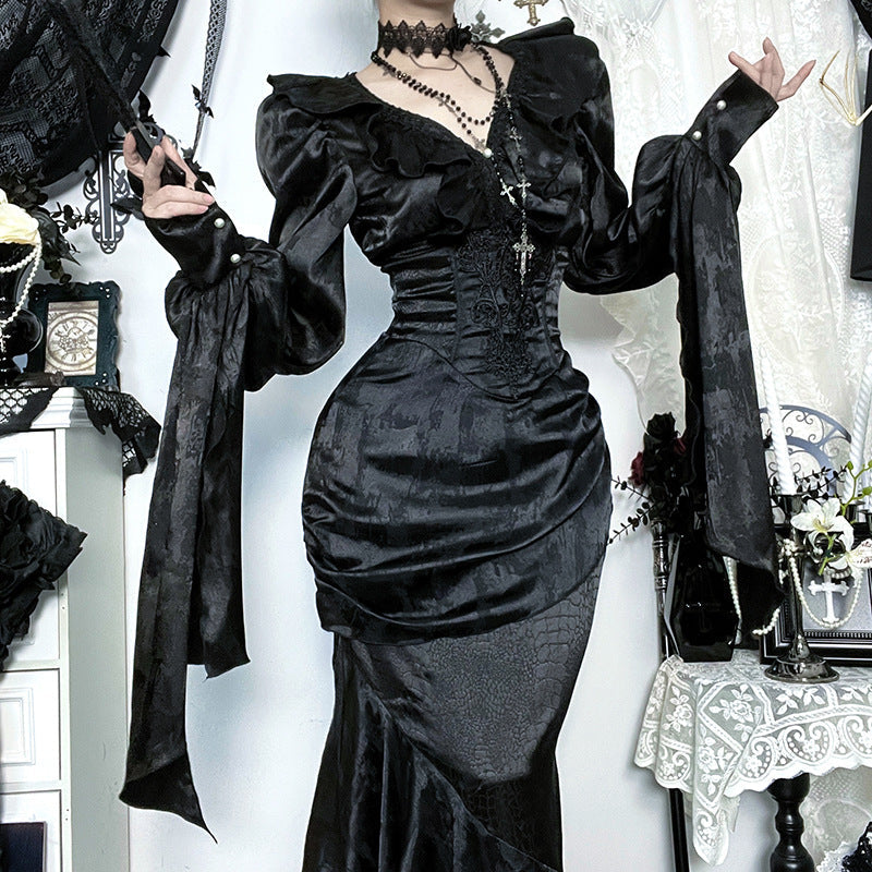 Bewitching Black Gothic Maxi Dress - Dramatic Victorian Ruffle V-Neck for Halloween & Fall Galas