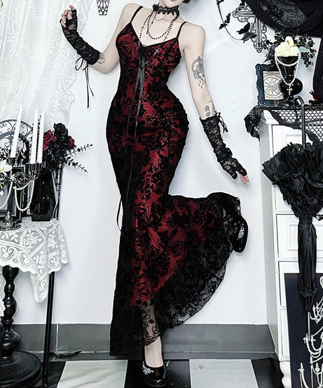 Vampy Victorian Rose Lace Maxi Dress - Your Spooky Season & Holiday Gala Showstopper