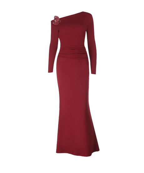 Sophisticated Wine Red One-Shoulder Maxi Gown – Elegant Floral Appliqué for Fall Galas & Holiday Parties