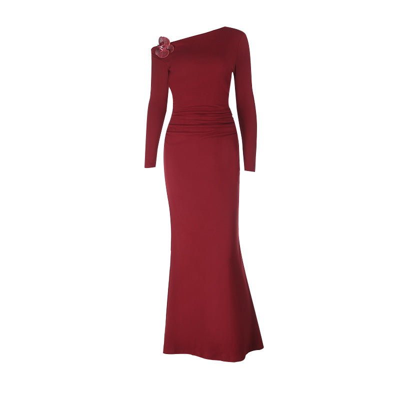 Sophisticated Wine Red One-Shoulder Maxi Gown – Elegant Floral Appliqué for Fall Galas & Holiday Parties