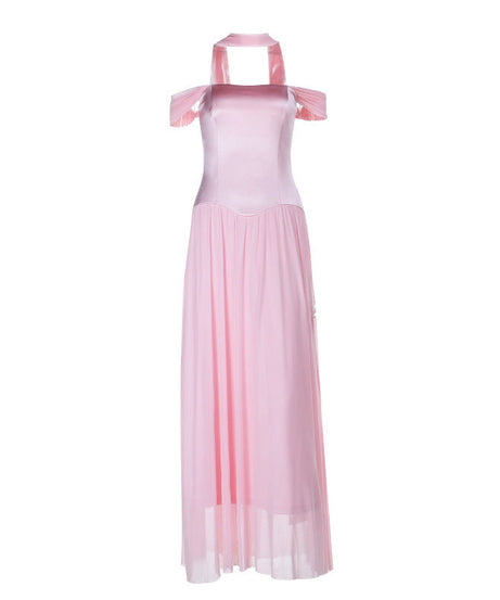 Romantic Blush Pink Off-Shoulder Halter Maxi Gown - Elegant Evening Dress for Holiday Galas