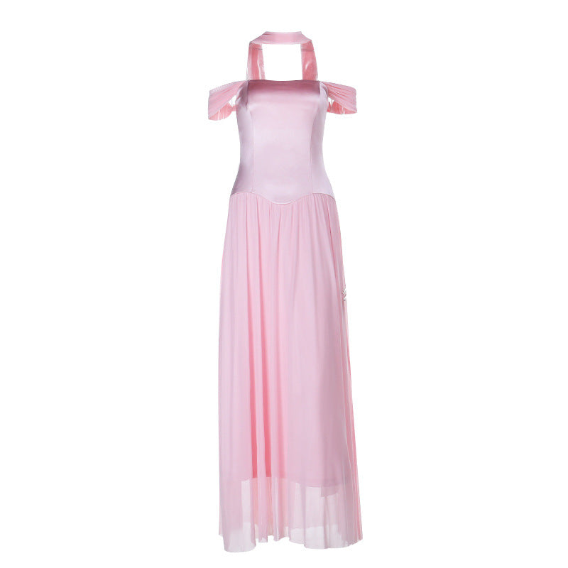 Romantic Blush Pink Off-Shoulder Halter Maxi Gown - Elegant Evening Dress for Holiday Galas