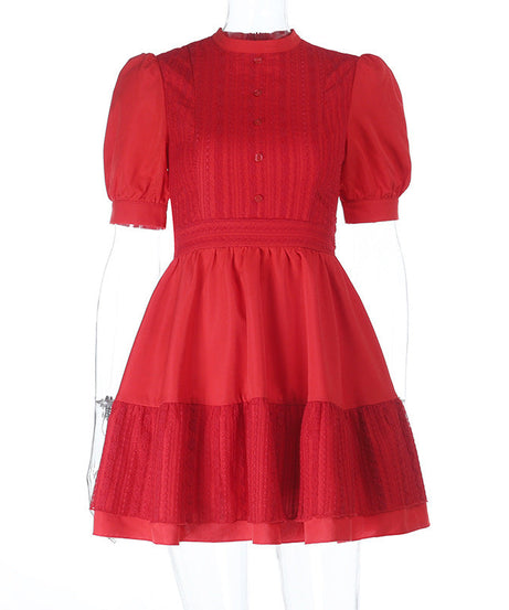 The 'Autumn Charm' Red Lace Mini Dress: Elegant Puff Sleeves & High Neck for Fall