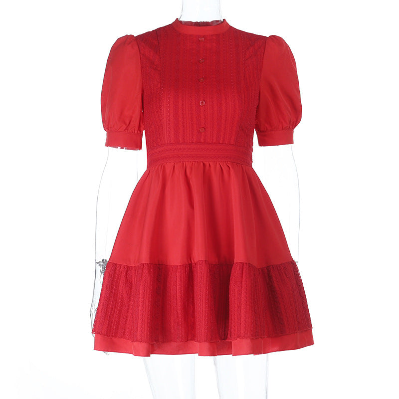 The 'Autumn Charm' Red Lace Mini Dress: Elegant Puff Sleeves & High Neck for Fall