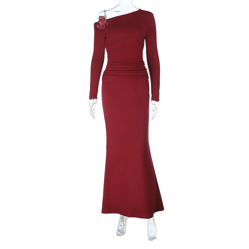 Sophisticated Wine Red One-Shoulder Maxi Gown – Elegant Floral Appliqué for Fall Galas & Holiday Parties