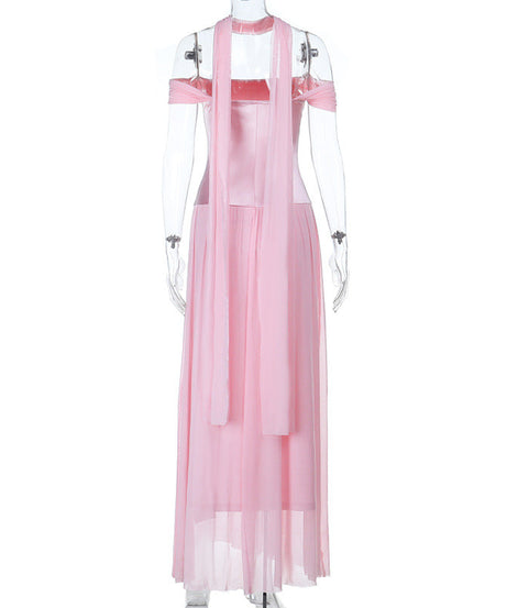 Romantic Blush Pink Off-Shoulder Halter Maxi Gown - Elegant Evening Dress for Holiday Galas