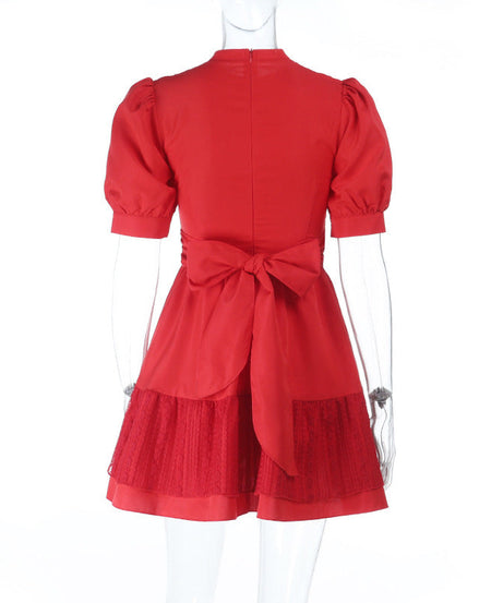 The 'Autumn Charm' Red Lace Mini Dress: Elegant Puff Sleeves & High Neck for Fall