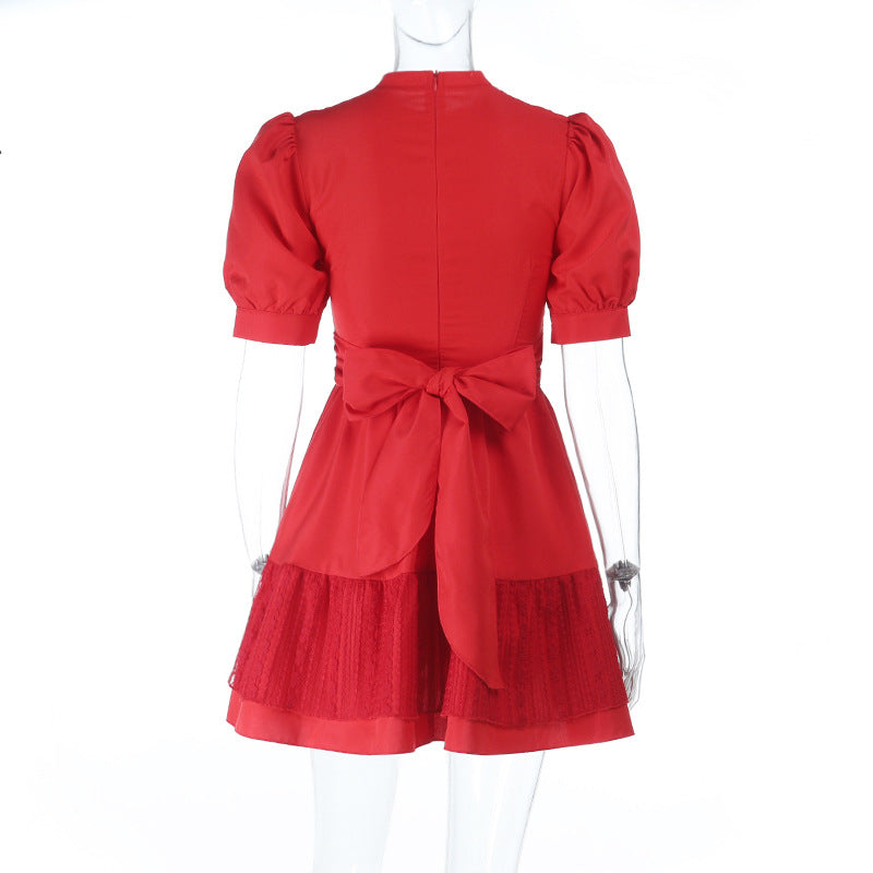 The 'Autumn Charm' Red Lace Mini Dress: Elegant Puff Sleeves & High Neck for Fall