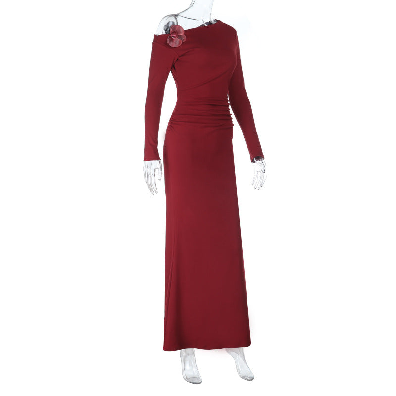 Sophisticated Wine Red One-Shoulder Maxi Gown – Elegant Floral Appliqué for Fall Galas & Holiday Parties