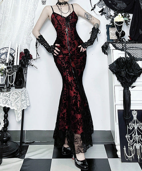Vampy Victorian Rose Lace Maxi Dress - Your Spooky Season & Holiday Gala Showstopper