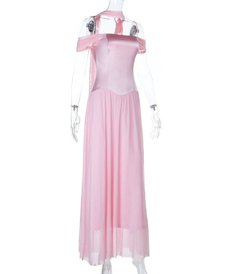 Romantic Blush Pink Off-Shoulder Halter Maxi Gown - Elegant Evening Dress for Holiday Galas