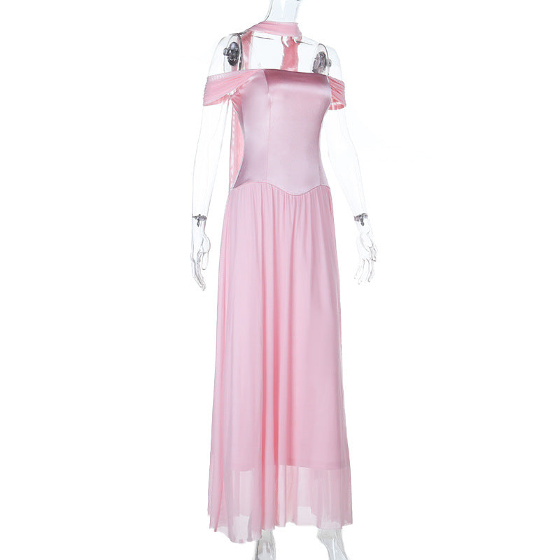 Romantic Blush Pink Off-Shoulder Halter Maxi Gown - Elegant Evening Dress for Holiday Galas