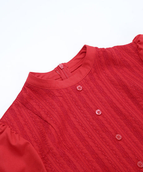 The 'Autumn Charm' Red Lace Mini Dress: Elegant Puff Sleeves & High Neck for Fall