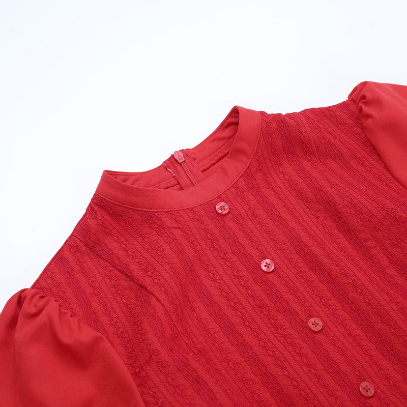 The 'Autumn Charm' Red Lace Mini Dress: Elegant Puff Sleeves & High Neck for Fall