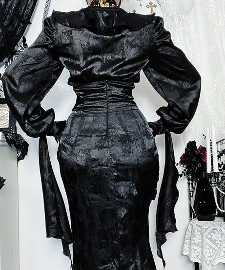 Bewitching Black Gothic Maxi Dress - Dramatic Victorian Ruffle V-Neck for Halloween & Fall Galas