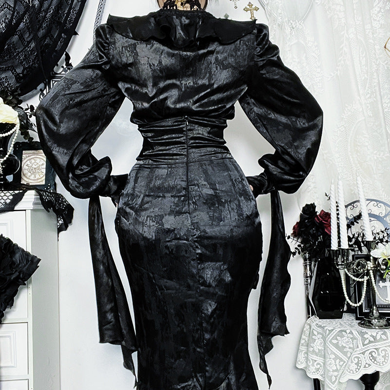 Bewitching Black Gothic Maxi Dress - Dramatic Victorian Ruffle V-Neck for Halloween & Fall Galas