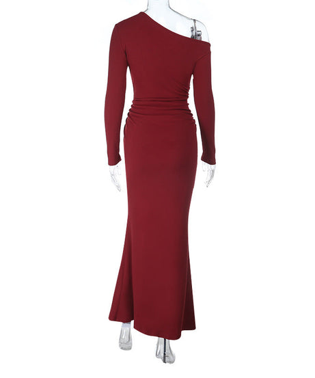 Sophisticated Wine Red One-Shoulder Maxi Gown – Elegant Floral Appliqué for Fall Galas & Holiday Parties