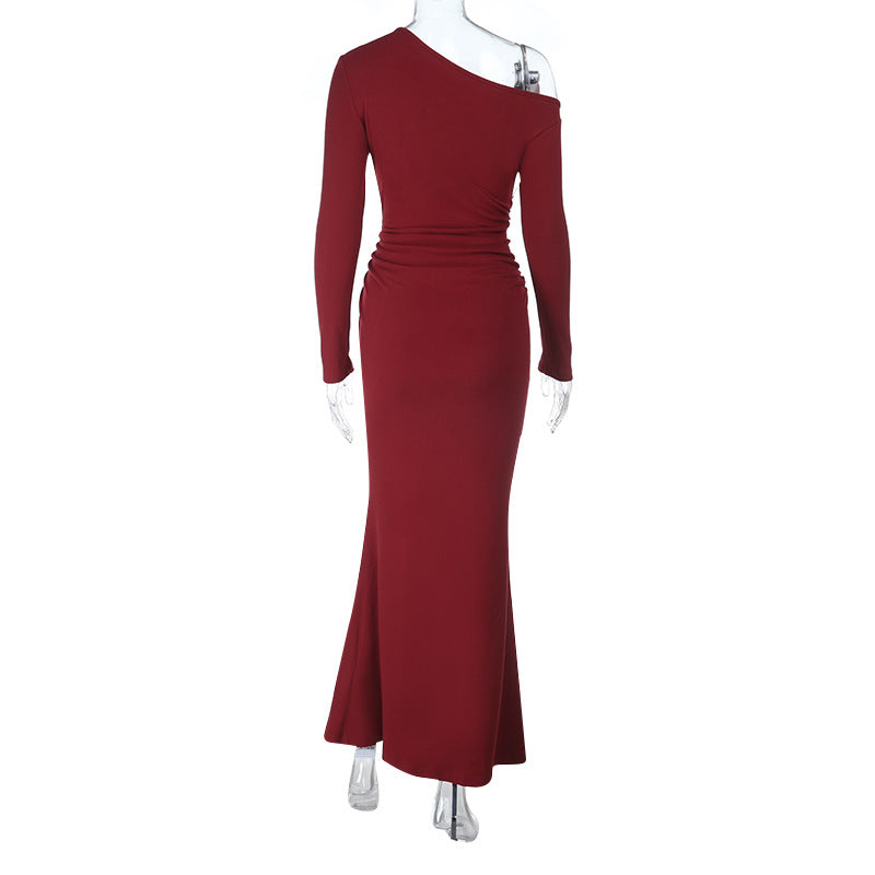 Sophisticated Wine Red One-Shoulder Maxi Gown – Elegant Floral Appliqué for Fall Galas & Holiday Parties