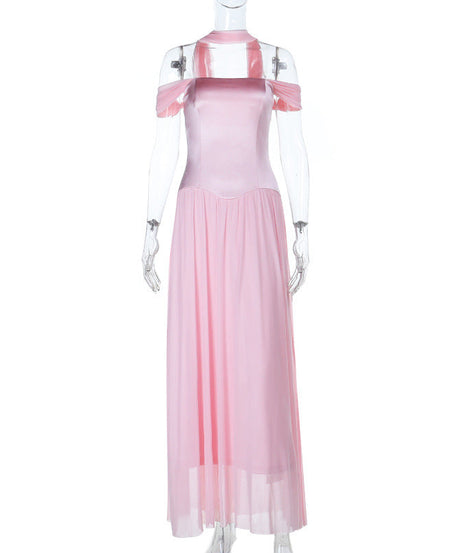 Romantic Blush Pink Off-Shoulder Halter Maxi Gown - Elegant Evening Dress for Holiday Galas