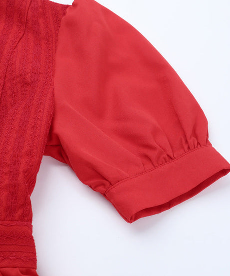 The 'Autumn Charm' Red Lace Mini Dress: Elegant Puff Sleeves & High Neck for Fall