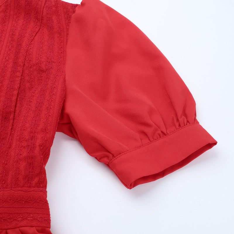 The 'Autumn Charm' Red Lace Mini Dress: Elegant Puff Sleeves & High Neck for Fall