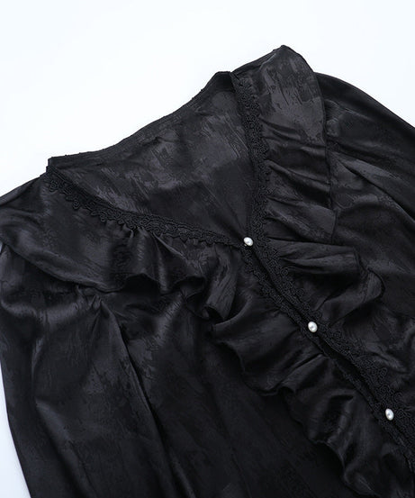 Bewitching Black Gothic Maxi Dress - Dramatic Victorian Ruffle V-Neck for Halloween & Fall Galas