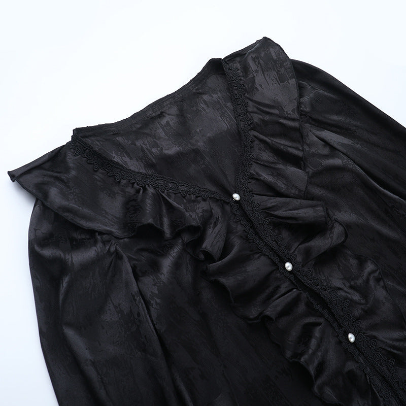 Bewitching Black Gothic Maxi Dress - Dramatic Victorian Ruffle V-Neck for Halloween & Fall Galas