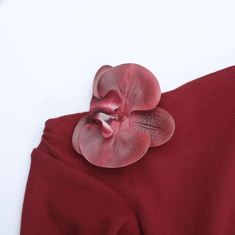 Sophisticated Wine Red One-Shoulder Maxi Gown – Elegant Floral Appliqué for Fall Galas & Holiday Parties