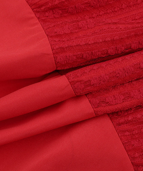 The 'Autumn Charm' Red Lace Mini Dress: Elegant Puff Sleeves & High Neck for Fall