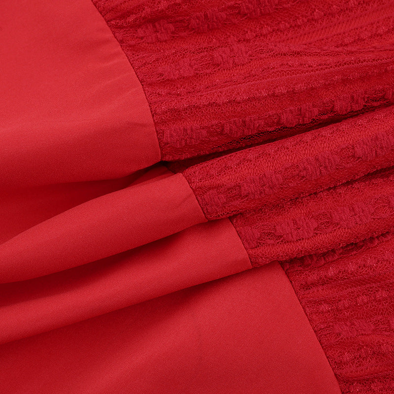 The 'Autumn Charm' Red Lace Mini Dress: Elegant Puff Sleeves & High Neck for Fall