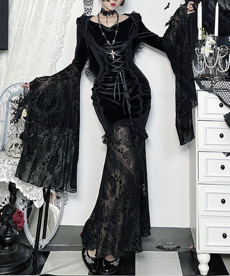 Elegant Gothic Velvet Maxi Dress with Flared Bell Sleeves & Corset Detail - Perfect for Halloween & Fall Romance