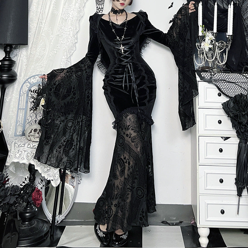 Elegant Gothic Velvet Maxi Dress with Flared Bell Sleeves & Corset Detail - Perfect for Halloween & Fall Romance