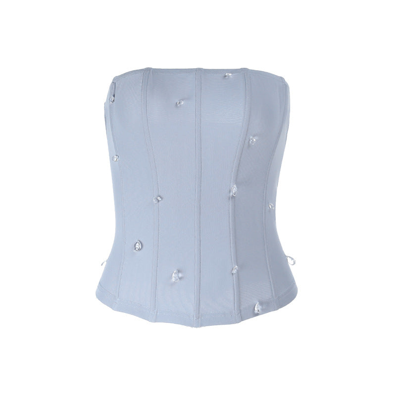 Dazzling Sky Blue Rhinestone Corset Tube Top - Chic Fall & Holiday Glam