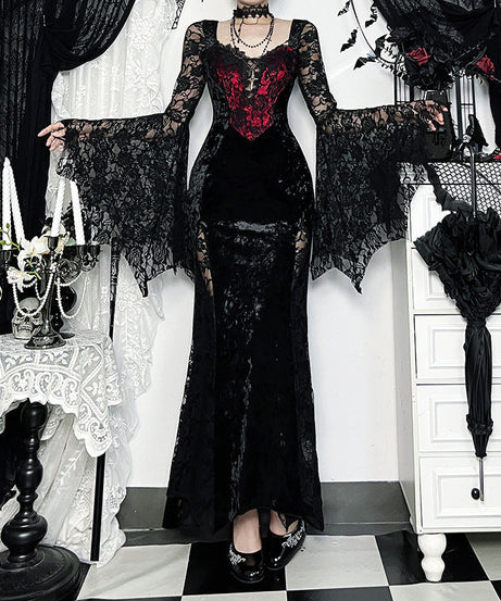 Midnight Enchantress Black Velvet & Lace Maxi Dress - Your Hauntingly Chic Halloween & Fall Statement