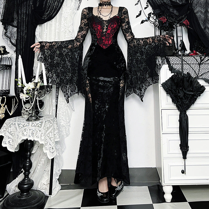 Midnight Enchantress Black Velvet & Lace Maxi Dress - Your Hauntingly Chic Halloween & Fall Statement