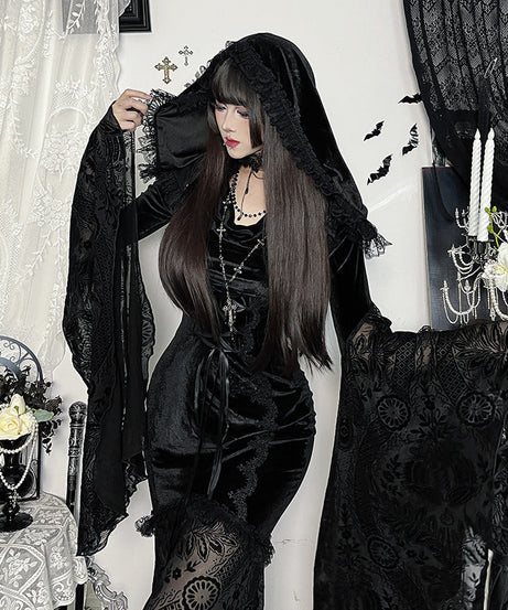 Elegant Gothic Velvet Maxi Dress with Flared Bell Sleeves & Corset Detail - Perfect for Halloween & Fall Romance