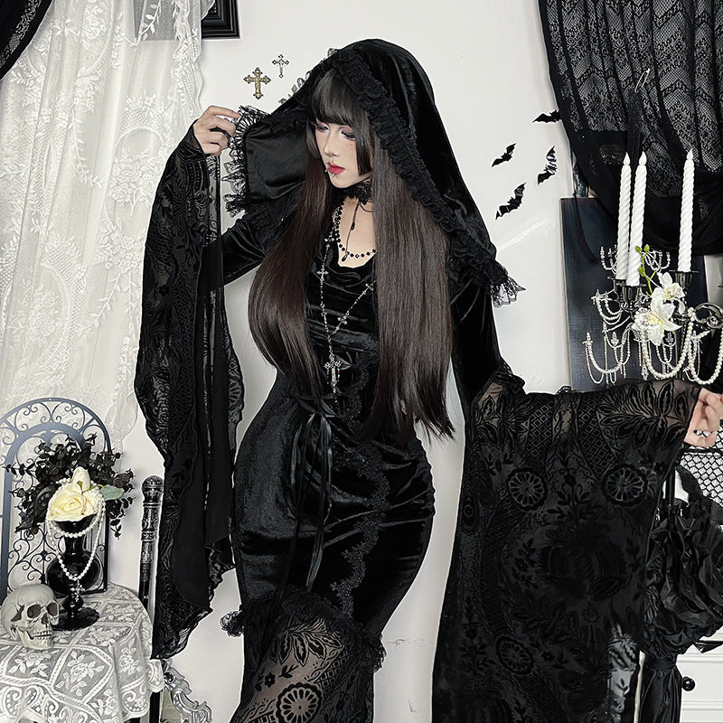 Elegant Gothic Velvet Maxi Dress with Flared Bell Sleeves & Corset Detail - Perfect for Halloween & Fall Romance
