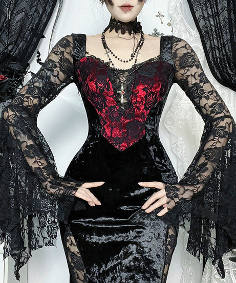Midnight Enchantress Black Velvet & Lace Maxi Dress - Your Hauntingly Chic Halloween & Fall Statement