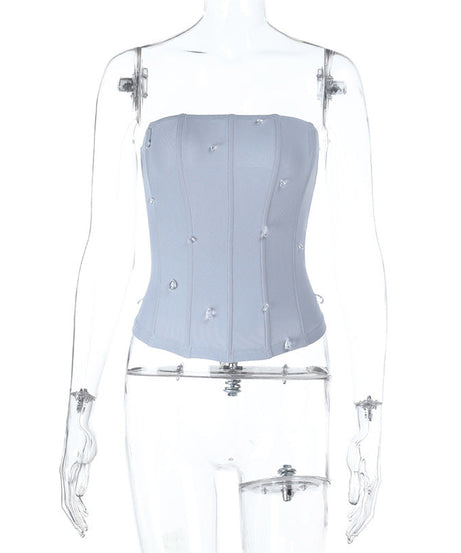 Dazzling Sky Blue Rhinestone Corset Tube Top - Chic Fall & Holiday Glam